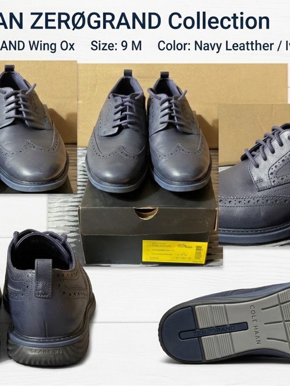 Cole Haan ZERØGRAND Wingtip Oxford - Navy Leather Men’s Sz. 9